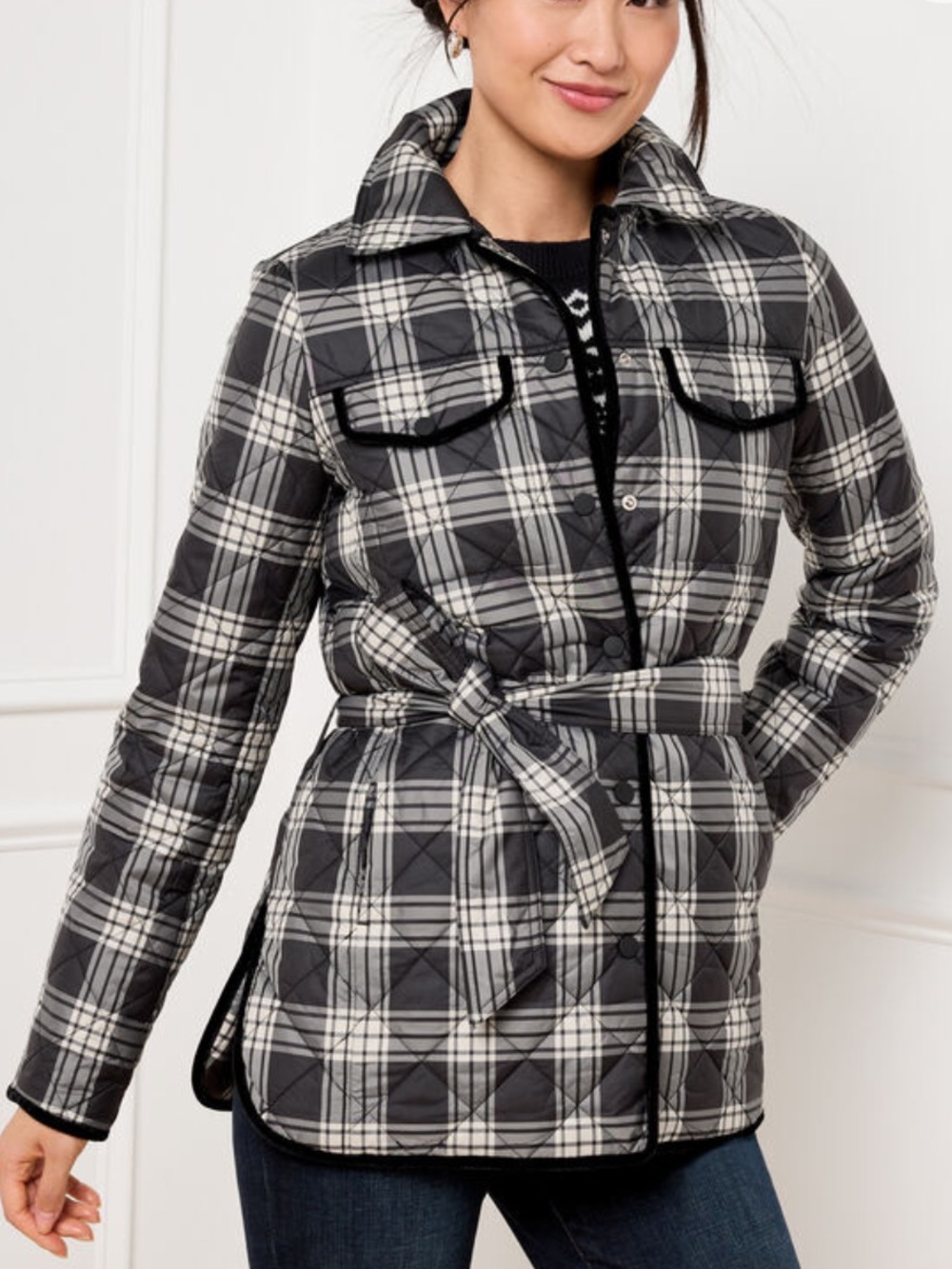 Talbots Women Petite LP Traditional Plaid Tie Waist Quilted Shirt Jacket NWOT